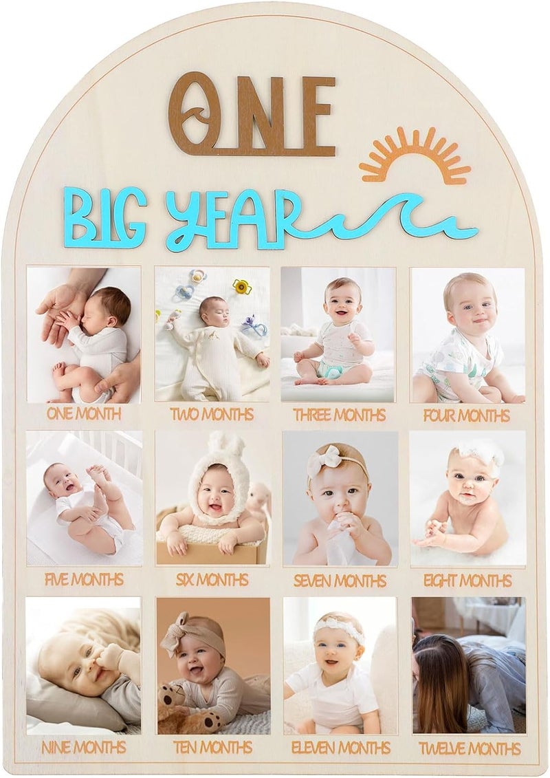 Yuuchoringee My First Year Photo Board Frame Milestones, One Year Birthday Wooden Photo Board, 12 Monthly Picture Frame Baby Wood Acrylic Sign 1st First Birthday Decorations for Girl Baby Keepsake Gifts(SyleA) - Image 1